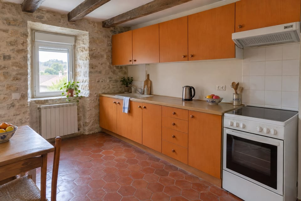 Cuisine d'une maison de village en pierre, façades orange, plan de travail effet bois, tomettes et poutres apparentes. Image d'ambiance.